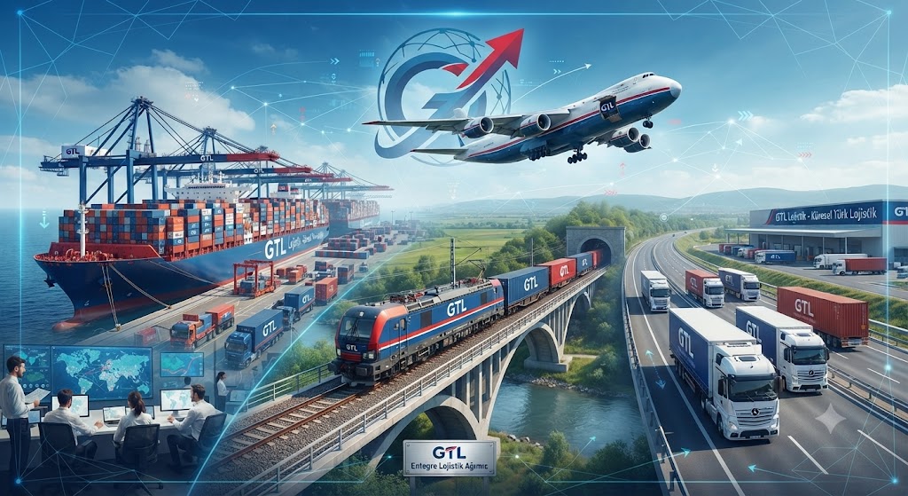 GTL Lojistik entegre taşımacılık ağı; konteyner gemisi, kargo uçağı, demiryolu treni ve karayolu tır filosunu gösteren profesyonel kurumsal lojistik görseli.